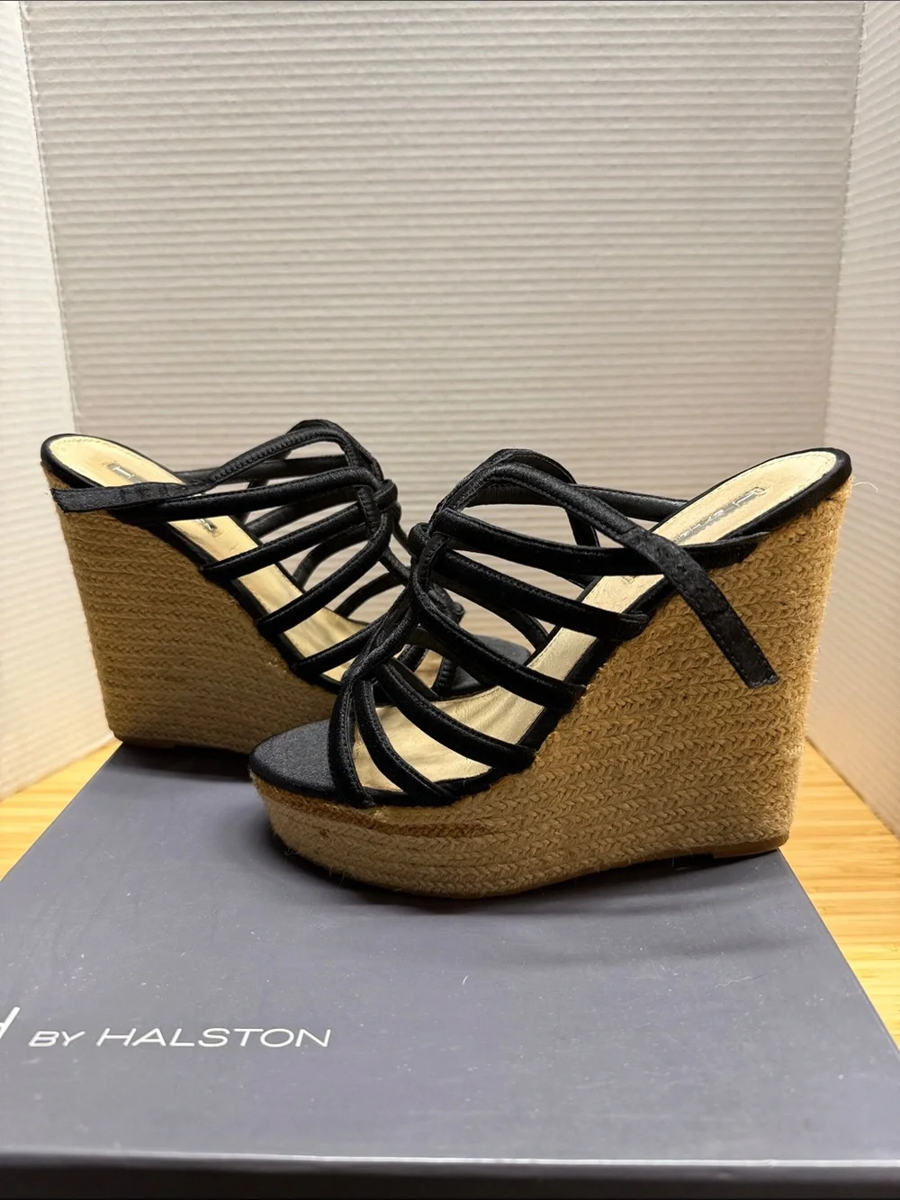 H by Halston Black Strappy Espadrille Wedge Sandals